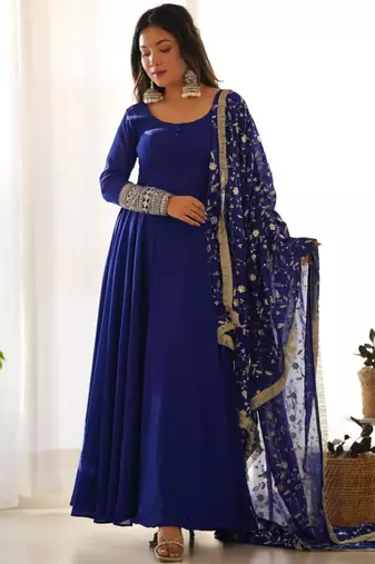 Dark-blue faux georgette embroidered flared gown set