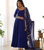 Dark-blue faux georgette embroidered flared gown set