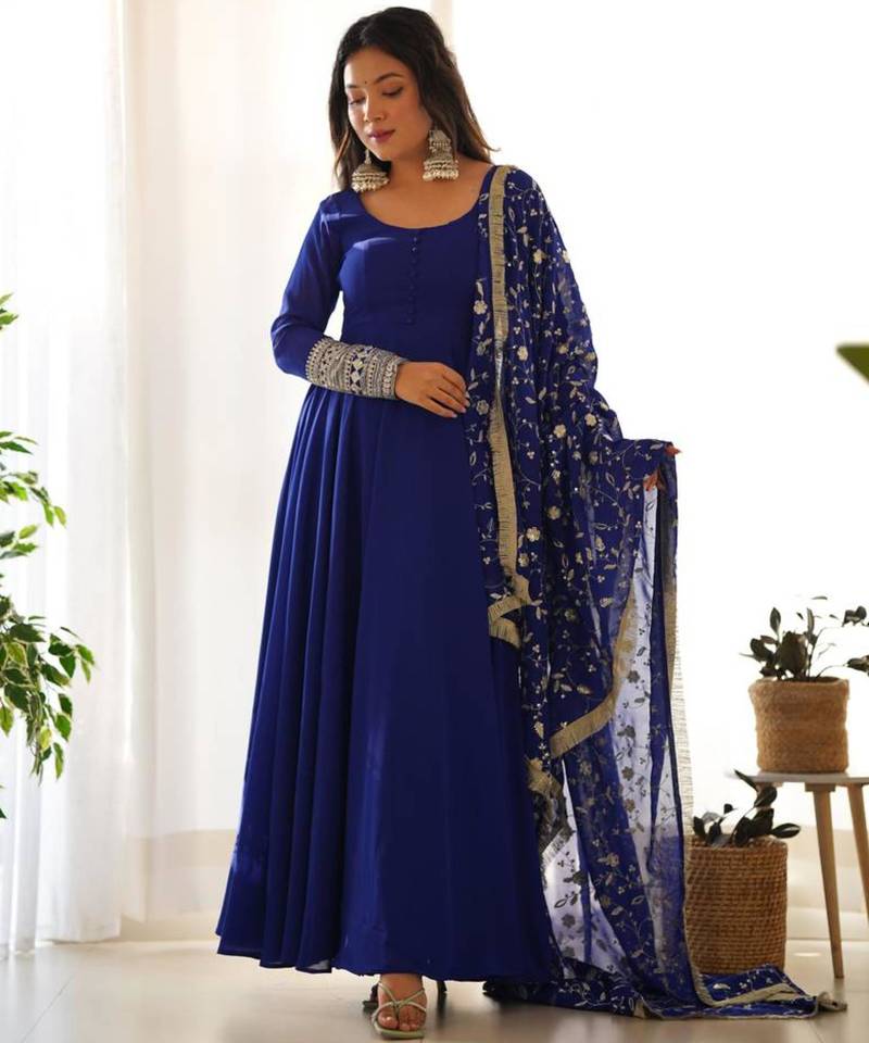 Dark-blue faux georgette embroidered flared gown set