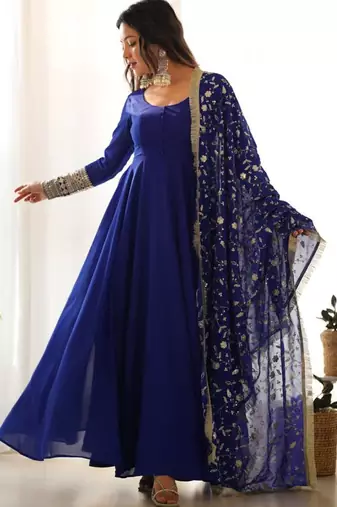 Dark-blue faux georgette embroidered flared gown set