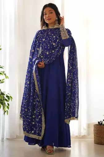 Dark-blue faux georgette embroidered flared gown set