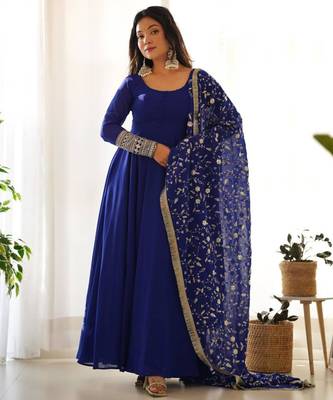 Dark-blue faux georgette embroidered flared gown set 4