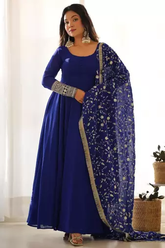 Dark-blue faux georgette embroidered flared gown set