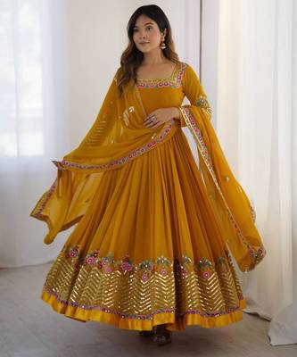 Dark-yellow georgette embroidered flared gown set 1