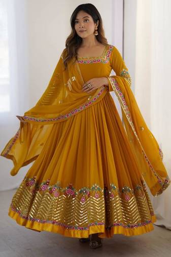 Dark-yellow georgette embroidered flared gown set