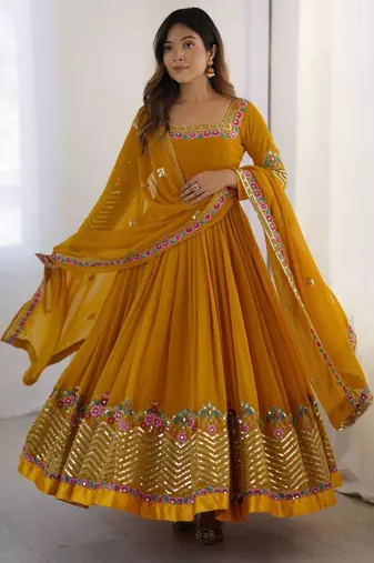 Dark-yellow georgette embroidered flared gown set