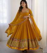 Dark-yellow georgette embroidered flared gown set