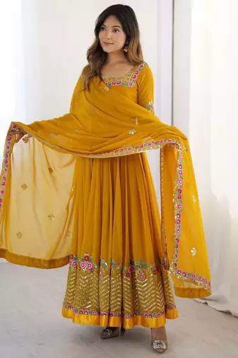 Dark-yellow georgette embroidered flared gown set