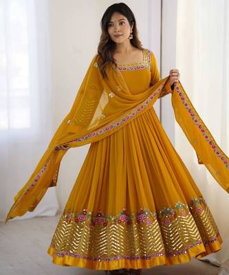 Dark-yellow georgette embroidered flared gown set 3
