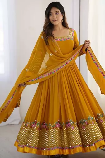 Dark-yellow georgette embroidered flared gown set