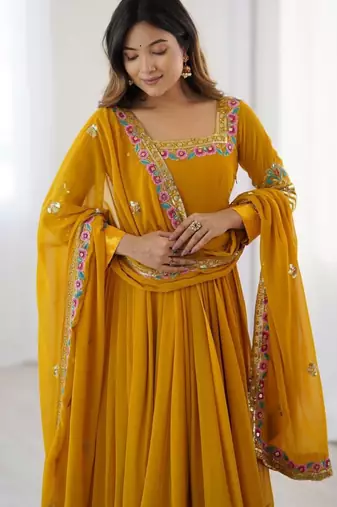 Dark-yellow georgette embroidered flared gown set