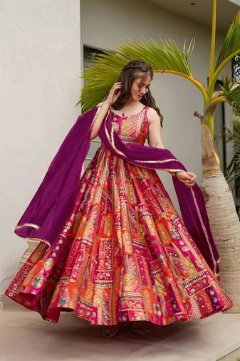 Orange art silk printed flared gown set