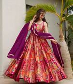 Orange art silk printed flared gown set