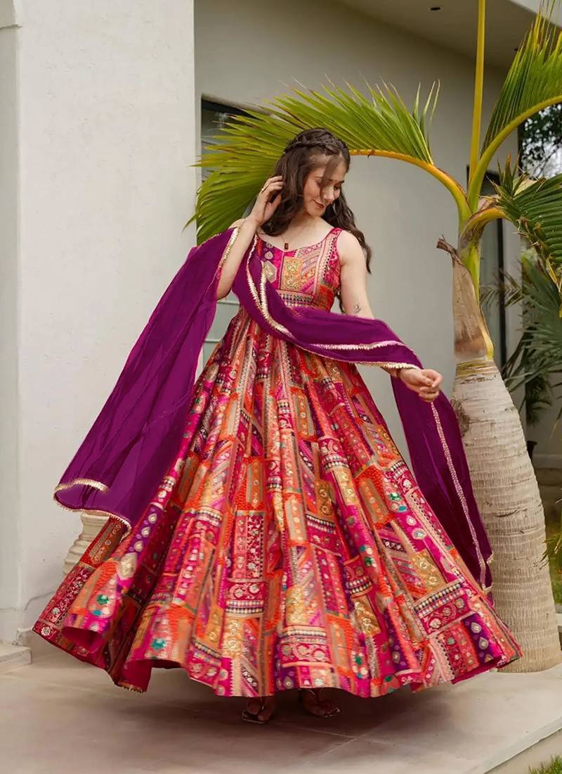 Orange art silk printed flared gown set