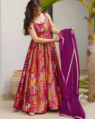 Orange art silk printed flared gown set 2