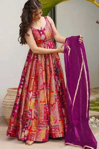 Orange art silk printed flared gown set