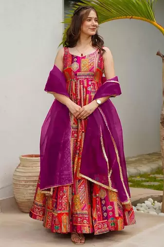 Orange art silk printed flared gown set
