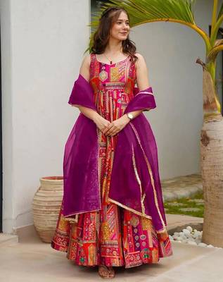 Orange art silk printed flared gown set 4