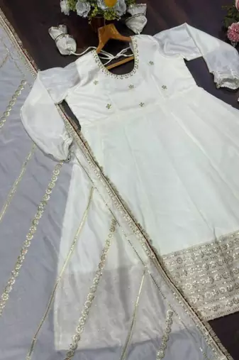 Light-off-white silk blend embroidered flared gown set