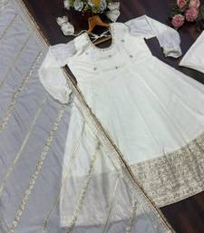 Light-off-white silk blend embroidered flared gown set