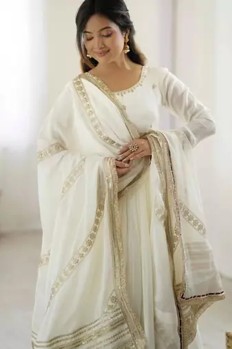 Light-off-white silk blend embroidered flared gown set