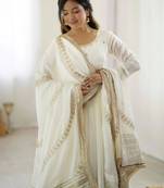 Light-off-white silk blend embroidered flared gown set