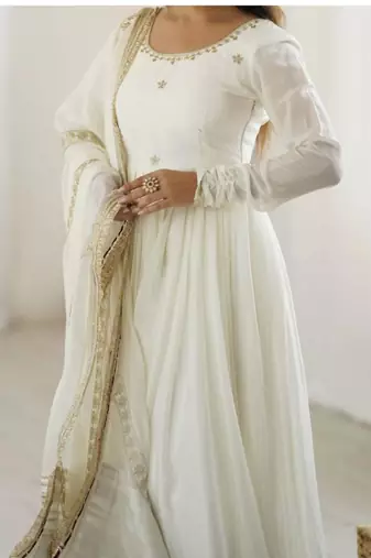 Light-off-white silk blend embroidered flared gown set