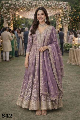 Purple silk blend embroidered flared gown set
