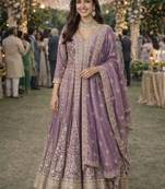 Purple silk blend embroidered flared gown set