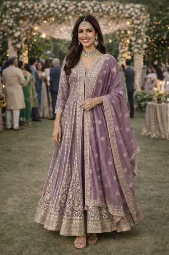Purple silk blend embroidered flared gown set