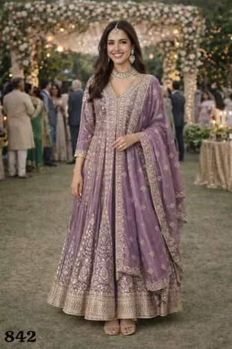 Purple silk blend embroidered flared gown set