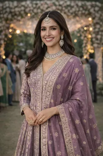 Purple silk blend embroidered flared gown set