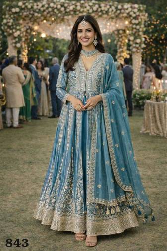 Blue silk blend embroidered flared gown set