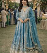 Blue silk blend embroidered flared gown set