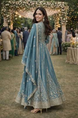Blue silk blend embroidered flared gown set 2