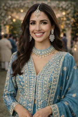 Blue silk blend embroidered flared gown set 3