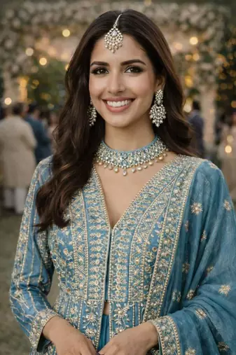 Blue silk blend embroidered flared gown set