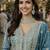 Blue silk blend embroidered flared gown set