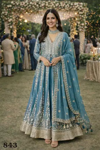 Blue silk blend embroidered flared gown set