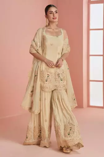 Light-ivory silk blend embroidered palazzo set