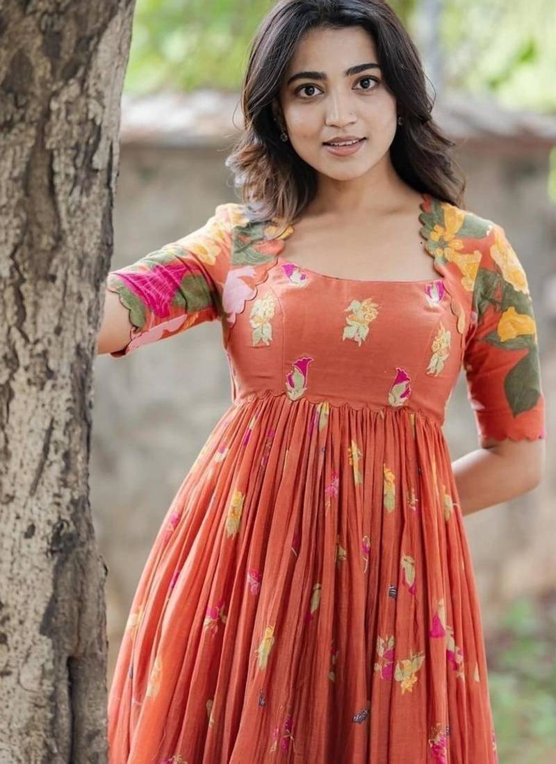 Orange cotton poly printed one piece