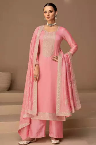 Pink silk blend embroidered kurta set