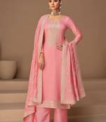 Pink silk blend embroidered kurta set