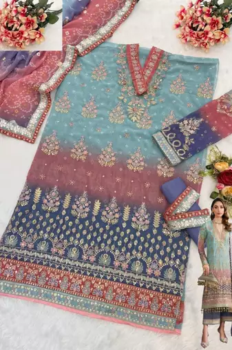 Light-blue faux georgette embroidered salwar kameez