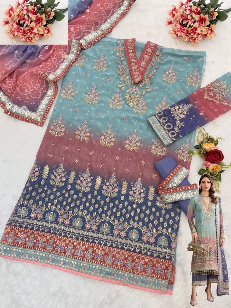 Light-blue faux georgette embroidered salwar kameez