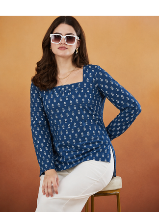 Women's rayon handprinted designer casual wear ethnic blue short kurti 1
