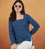 Women's rayon handprinted designer casual wear ethnic blue short kurti