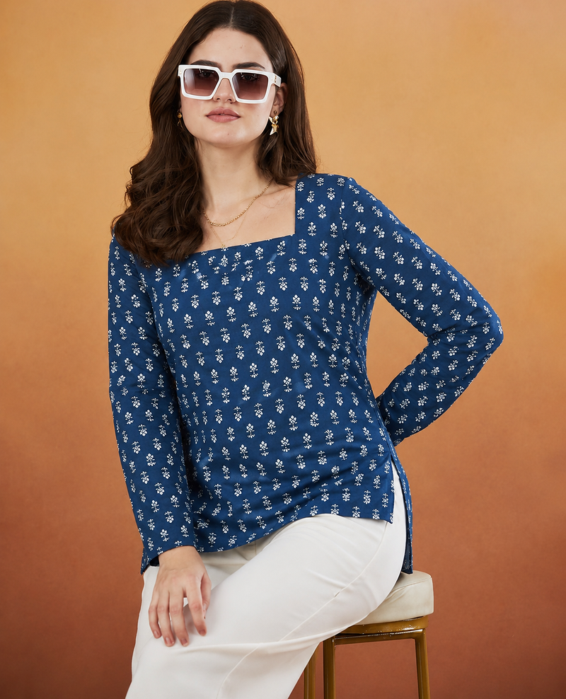 Women's rayon handprinted designer casual wear ethnic blue short kurti