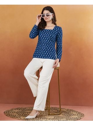 Women's rayon handprinted designer casual wear ethnic blue short kurti 2