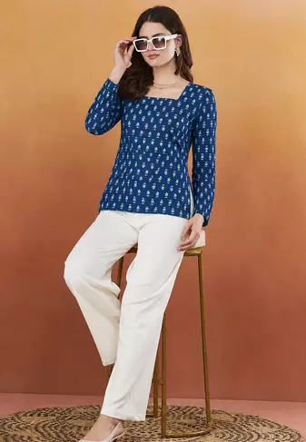 Women's rayon handprinted designer casual wear ethnic blue short kurti